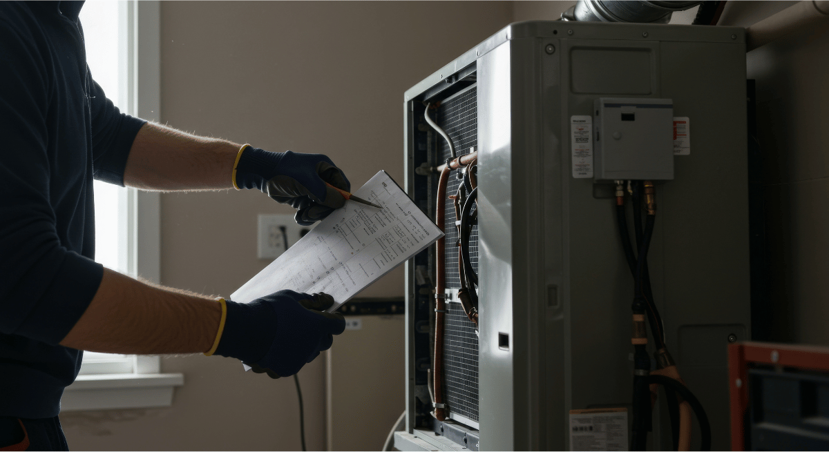 A technician performing maintenance on AC unit