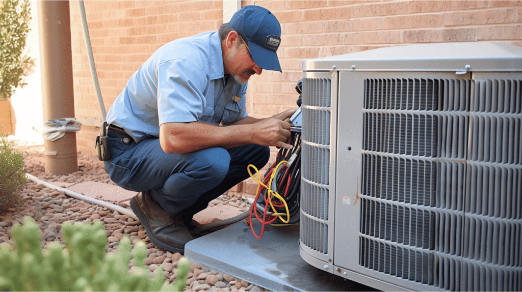 A professional performing AC maintenance at a residential home