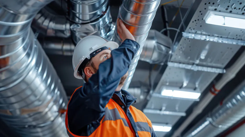 A man in a white hard hat performing duct fabrication.